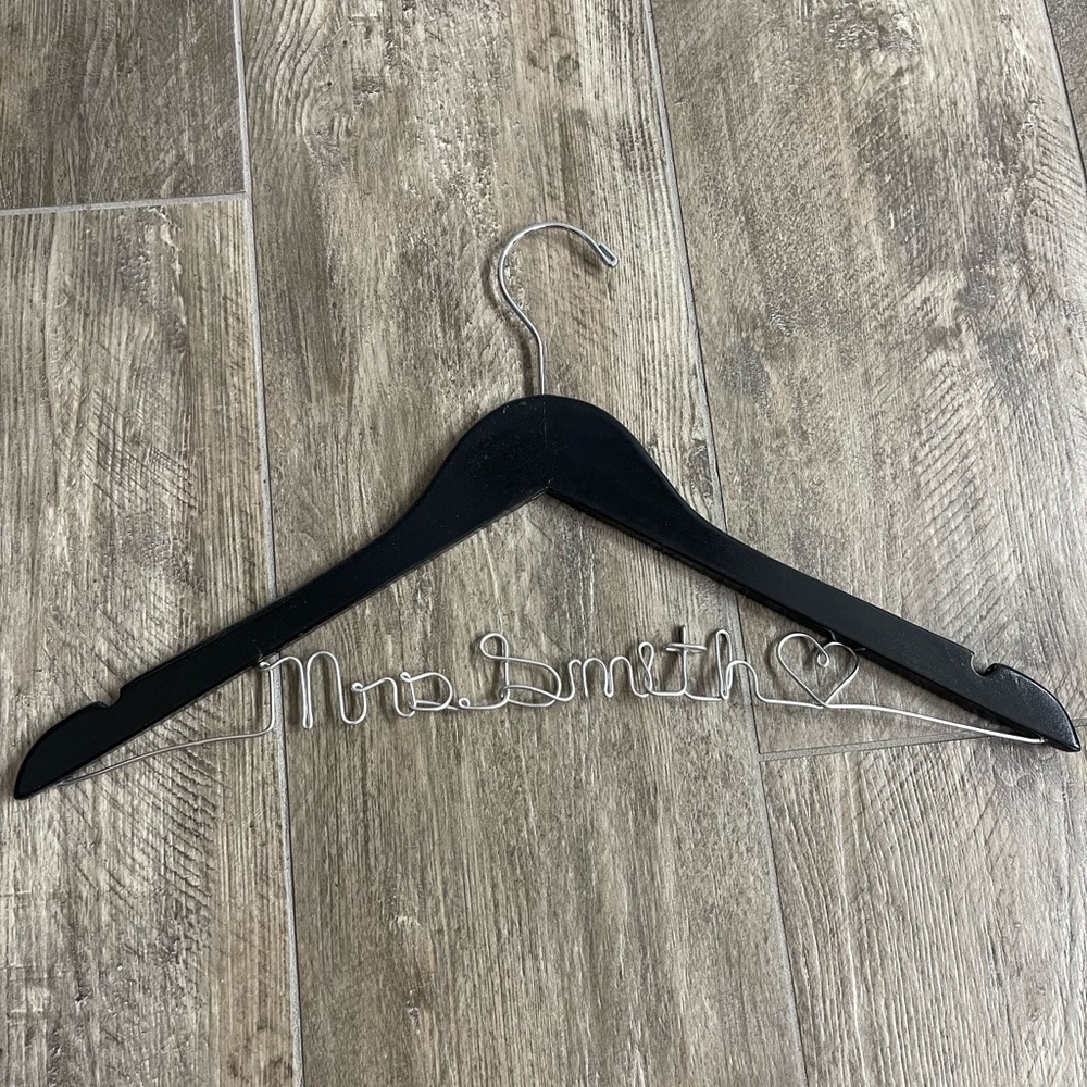 Custom Black Wooden Hanger with Silver Wire Name